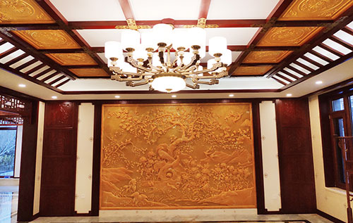 深圳中式别墅客厅中式木作横梁吊顶装饰展示